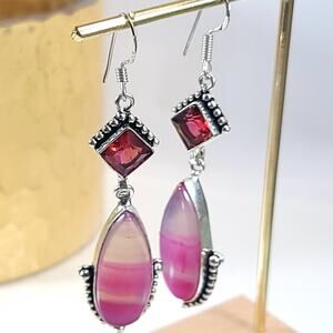 Pink and Red Gemstone Dangle Earrings, Silver Tone Jewelry, Boho Chic Style